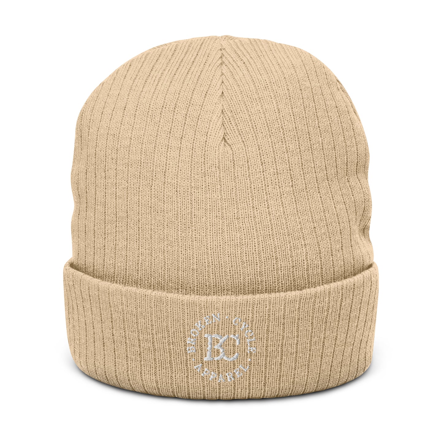 Embrodied Ribbed White Logo Beanie