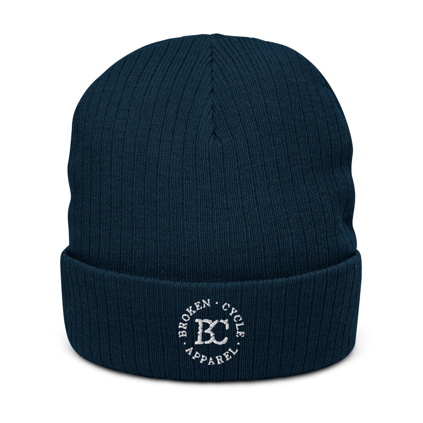 Embrodied Ribbed White Logo Beanie