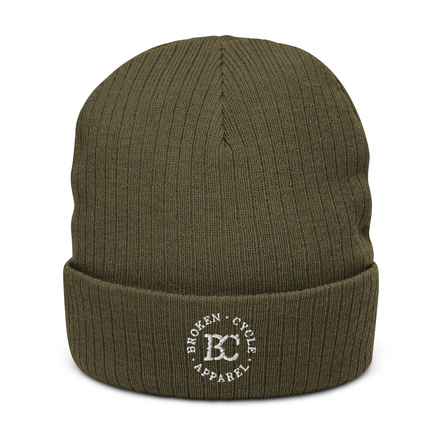 Embrodied Ribbed White Logo Beanie